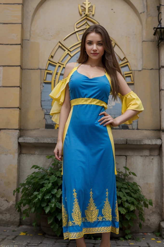 Ukrainian woman, full  body, nice face, jolie corps, ((dress with blue top and yellow bottom)), smirk, ((dans la ville de Lviv)), main opera square