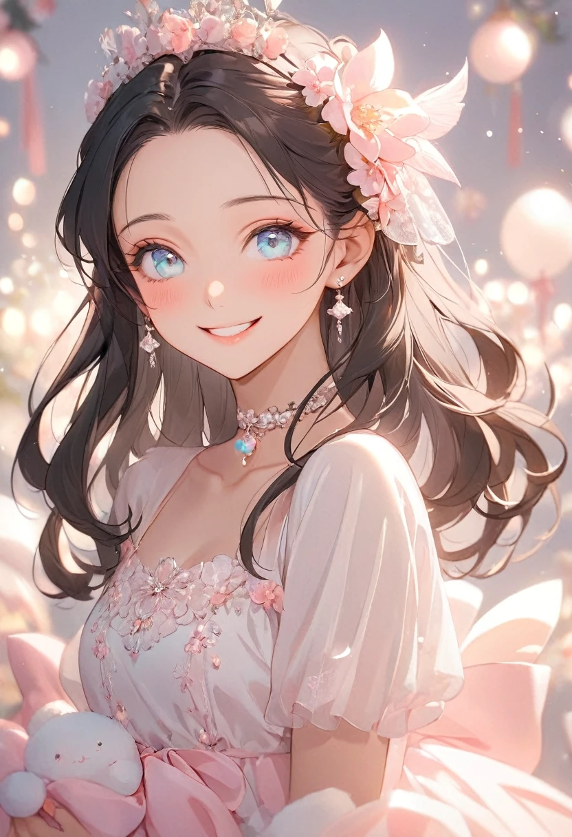 ( best quality:1.2), 1 Girl only,Solitary,forehead, Skin details, Beautiful facial features, ((fluffy dark  hair)),Exquisite makeup, Exquisite eyes, Eye details, she is 20 years old,wearing a beautiful dress, choker ,(((big smiling))),((pastel theme)),happy,kindness,soft focus,white soft lighting