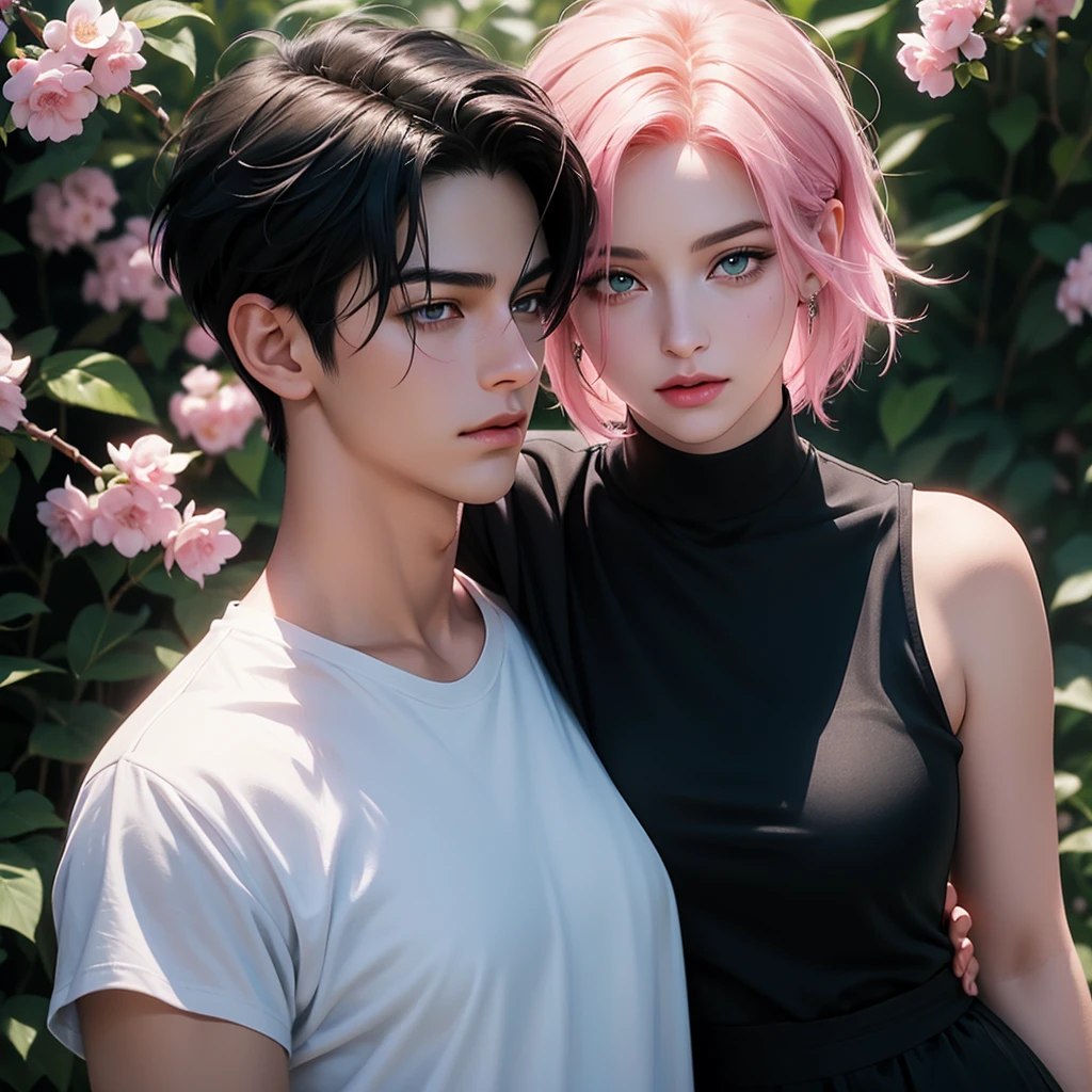 A tall handsome young man with short black hair, short bangs and black eyes, he is wearing a white T-shirt and white jeans, he hugs an incredibly beautiful femme fatale young woman, she has a pink hair with a very short haircut standing next to him, she has brilliant green eyes, She is wearing a simple black dress. Masterpiece, perfect image, realistic pictures, detailed face study, full-length image, 8k, detailed image. an extremely detailed illustration, a real masterpiece of the highest quality, with careful drawing. Sasuke Uchiha and Sakura Haruno