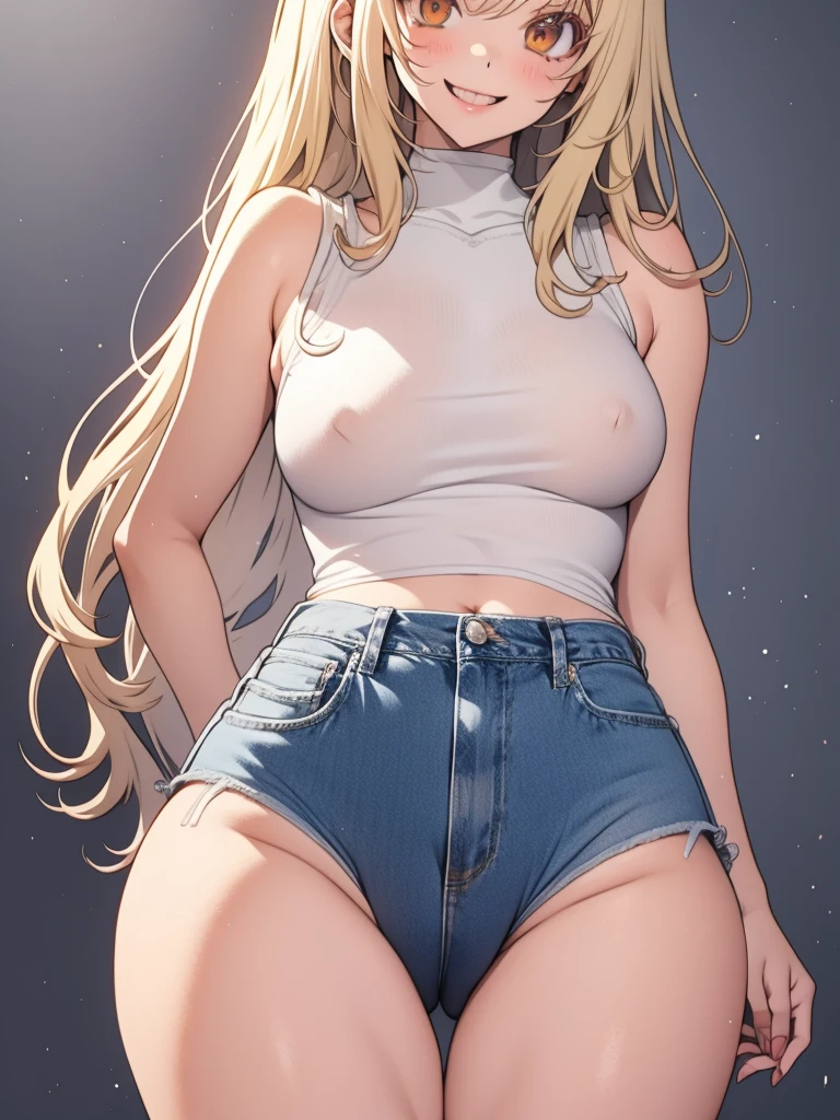 Anime, anime girl, 2d, 18y, 18 years, (((Fullbody))), Very Kawaii, smile, lip lips, seductive smile, Solo, Slim, Large Breasts, Plain White T-shirt, Tight Shorts, upshorts, Dynamic Angle, No Background, White Background, looking at viewer, darker shadows, (((absurdres))), (((thigh gap))), (((cameltoe))), (((sleeveless))),