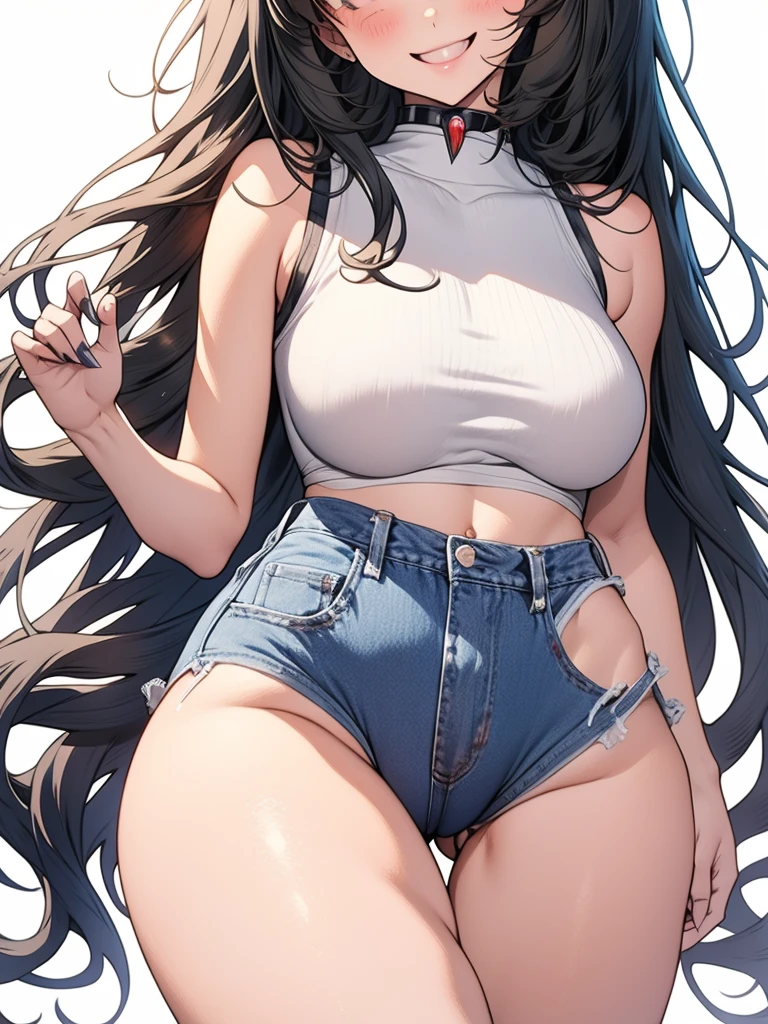 Anime, anime girl, 2d, 18y, 18 years, (((Fullbody))), Very Kawaii, smile, lip lips, seductive smile, Solo, Slim, Large Breasts, Plain White T-shirt, Tight Shorts, upshorts, Dynamic Angle, No Background, White Background, looking at viewer, darker shadows, (((absurdres))), (((thigh gap))), (((cameltoe))), (((sleeveless))),