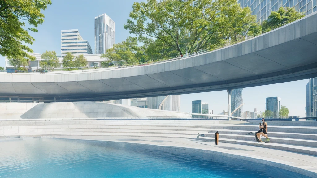 there is a large building with a curved roof and a pool, tokyo futuristic and clean, mall background, city street view background, detailed scenery —width 672, town center background, architecture in the background, modern city background, tokyo futuristic in background, tokio futuristic in background, tokyo street background, beautiful wallpaper, universal background, interesting background, clean background