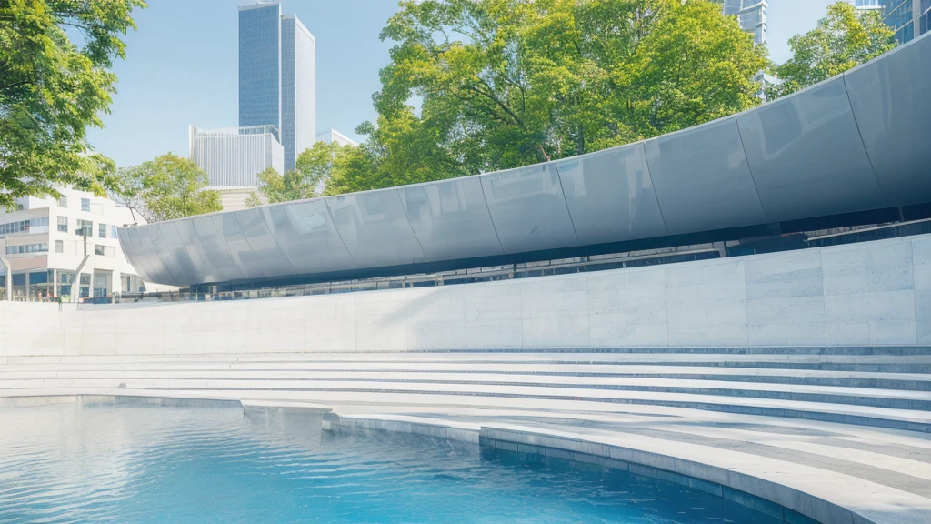 there is a large building with a curved roof and a pool, tokyo futuristic and clean, mall background, city street view background, detailed scenery —width 672, town center background, architecture in the background, modern city background, tokyo futuristic in background, tokio futuristic in background, tokyo street background, beautiful wallpaper, universal background, interesting background, clean background