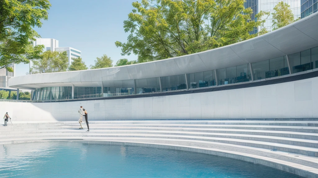 there is a large building with a curved roof and a pool, tokyo futuristic and clean, mall background, city street view background, detailed scenery —width 672, town center background, architecture in the background, modern city background, tokyo futuristic in background, tokio futuristic in background, tokyo street background, beautiful wallpaper, universal background, interesting background, clean background