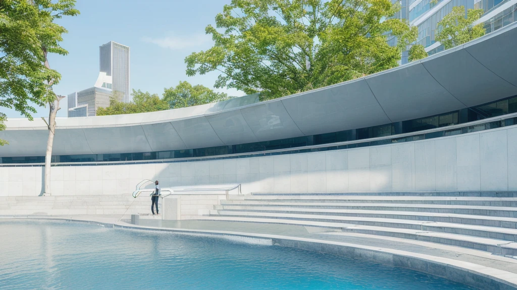 there is a large building with a curved roof and a pool, tokyo futuristic and clean, mall background, city street view background, detailed scenery —width 672, town center background, architecture in the background, modern city background, tokyo futuristic in background, tokio futuristic in background, tokyo street background, beautiful wallpaper, universal background, interesting background, clean background