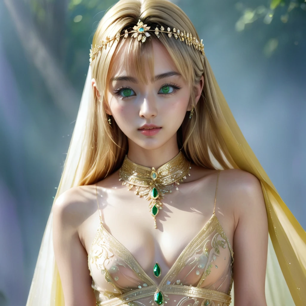 ((Highest quality)), ((masterpiece)), (detailed), (Perfect Face)、The woman was a tiare with green eyes and medium-long blonde hair, and was wearing a luxurious, shiny, gold-colored, long-slit see-through dress with gorgeous embroidery and trim, which allowed her skin to show through, a gold-colored see-through cape, and a gold-colored see-through veil. She was wearing a gorgeous jeweled hair accessory, a jeweled head dress chain, a jeweled waist chain, a gorgeous necklace, bracelets, ankle bracelets, jeweled earrings, and shiny gold boots. She was also wearing an engagement ring.、An angle where you can see the whole body