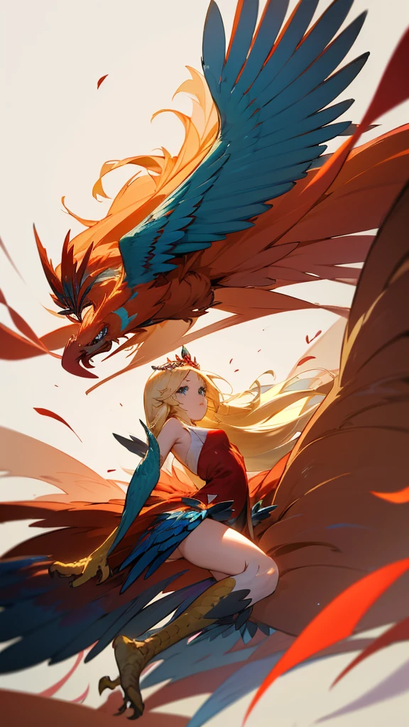 1 girl,alone,Harpyie, Stand,blond hair,weave, blue eyes, Long hair,red feathers,Wing arms,bird legs, short dress, woods,tiara, sexly, attacking