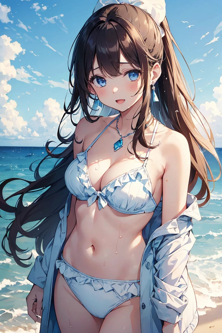 (((girl kawaii))), (a extremely delicate and beautiful girl), ((super fine illustrations)), (extremely delicate and beautiful), charactera girl, hand up, Standing on the surface of the sea, wet, girl, teenage girl, flowing hair, (high ponytail), (Long dark brown hair), beatiful detailed hair, extremely beautiful detailed anime face and eyes, (smile), complex details beautiful and delicate eyes, bright eyes, open mouth, cleavage, pale blue eyes, bright skin, Frill, hair bow, earrings, gem necklace, bracelet, (white bikini), cardigan, wet clothes, open coat, white Clothes, (beach), (blue sky), sunlight, back lighting, very detailed light, ((absurdres)), (((wallpaper 8k CG))), masterpiece,