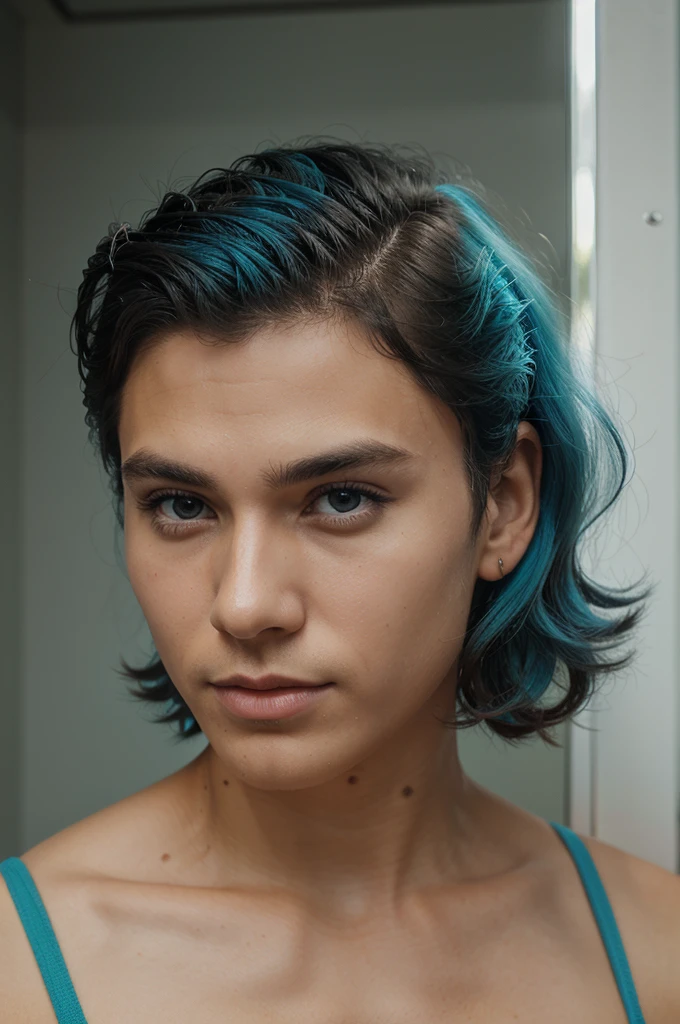 Man with side swept curl hairstyle and cyan hair