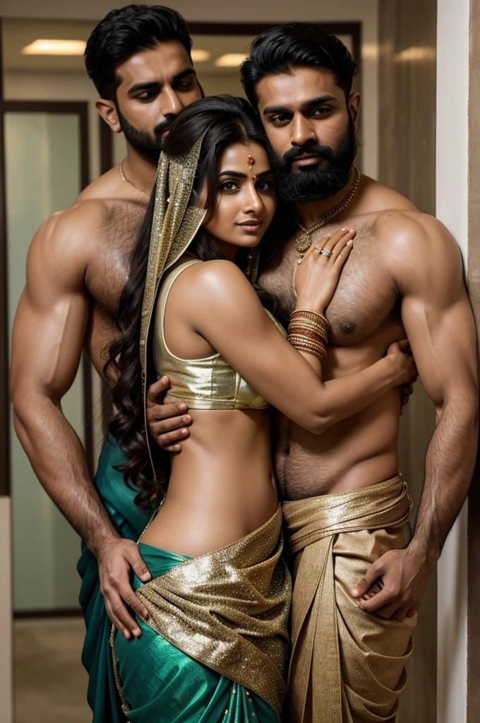 1 muscular , handsome and attractive Indian Hindu gujrati bearded man with no shirt with sexy Pakistani Punjabi Muslim married woman (milf with big and bubble butt) wearing full metallic saree. Both are hugging pose. In office. Hyper realistic image detail image. woman standing on left of the man with her navel visible and the man has grabbed the woman by waist and about to mate with her