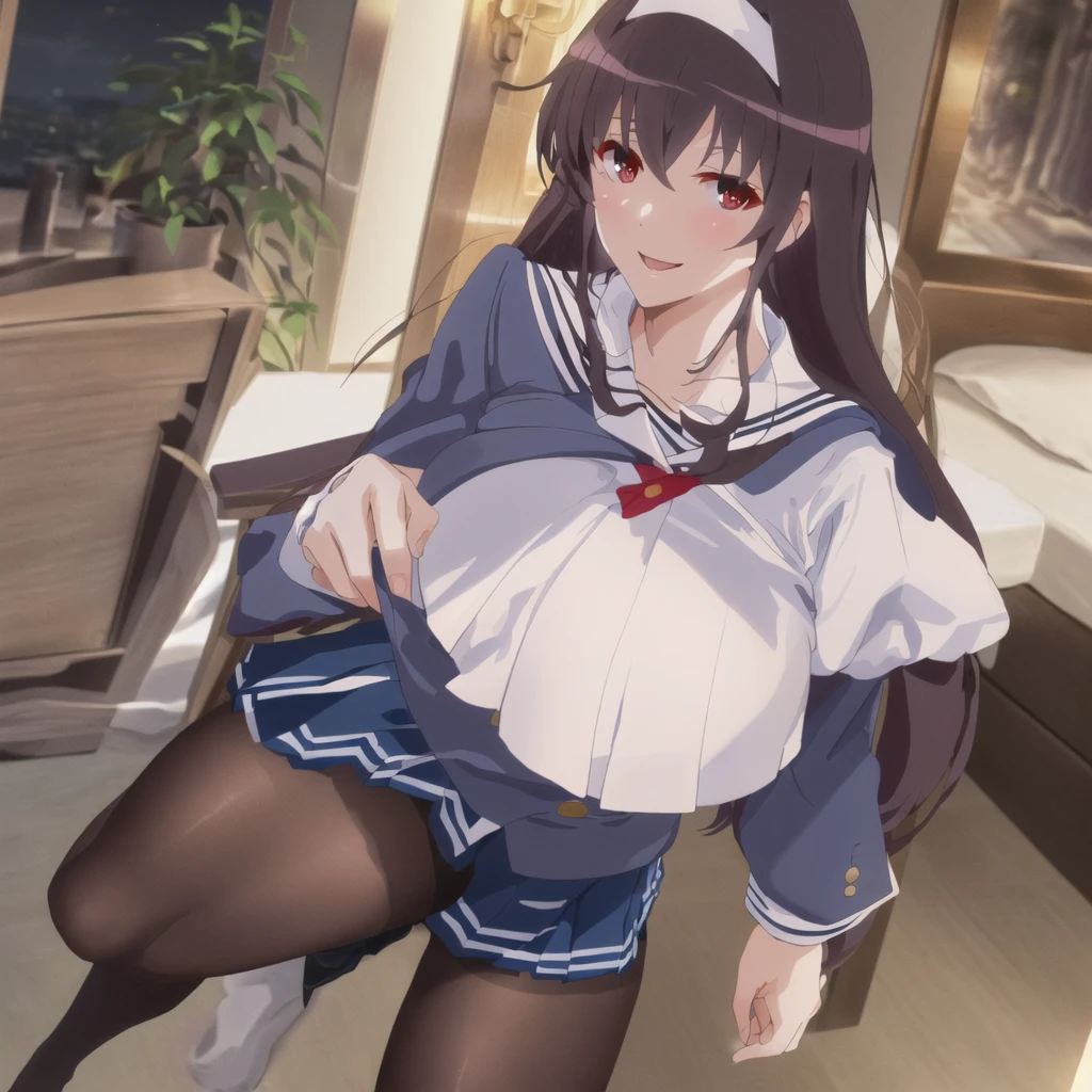 (((Tabletop, Highest quality, High resolution, Pixel perfect, Depth of written boundary, 4K, Pixel Perfect, Perfect in every detail,clothes lift,beautiful red eyes,large breasts,light smile,dpubic hair,alon,solo focus,clothes lift,1 girl,black thigh-high sockslooking at viewer,))((((hotel,nsfw)))),masterpiece, highest quality, High resolution, morning, Long Hair, Black Hair, hair band, , Sailor collar, Blue Blazer, Long sleeve, Pleated skirt, Blue Skirt, Black Pantyhose, standing, smile, Open your mouth,