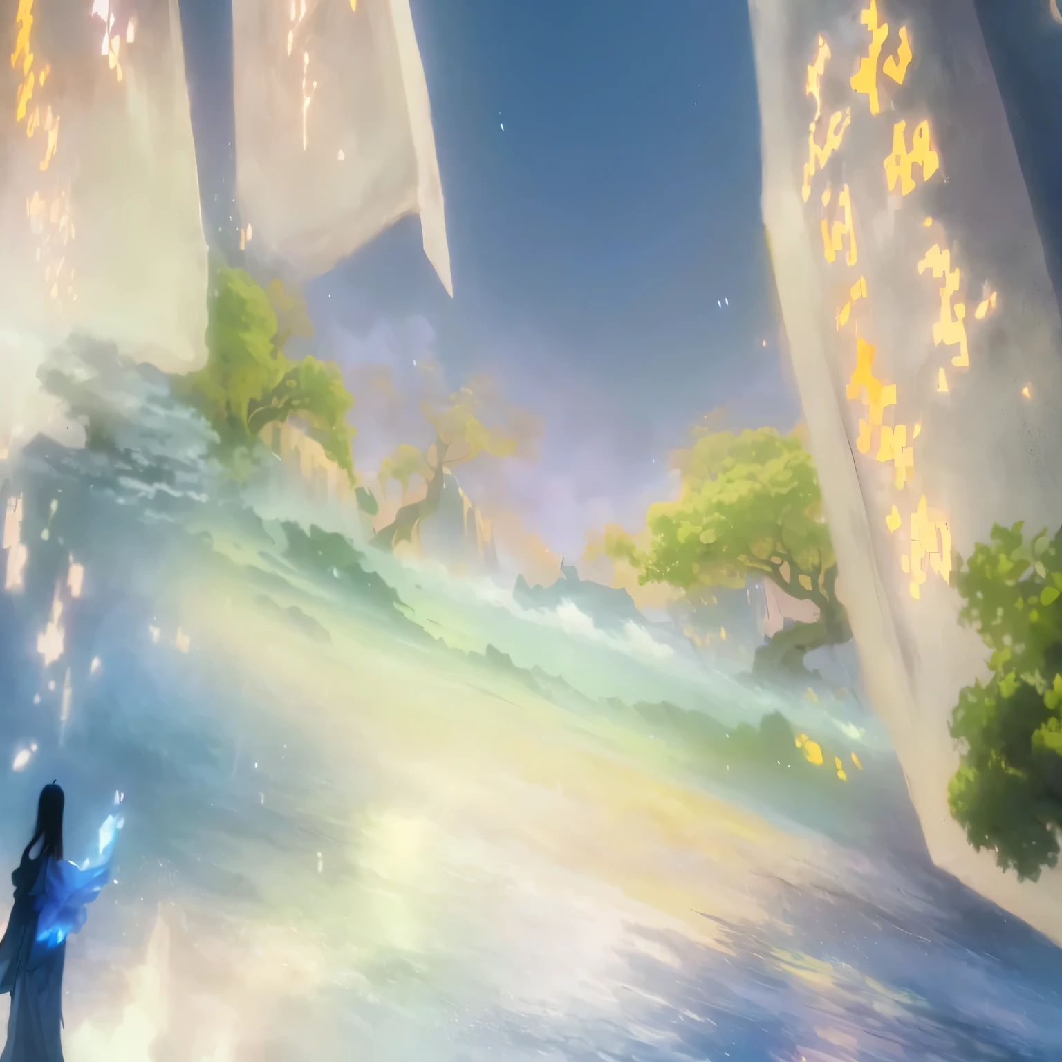 anime scene of a woman standing in front of a painting, breezy background, a still of an ethereal, background artwork, background art, lost in a dreamy fairy landscape, ethereal background, dreamy landscape, background is heavenly, ultra wide gameplay screenshot, 4k serene, mana flowing around it, dreamlike digital painting, dreamy atmosphere, island background, quiet and serene atmosphere