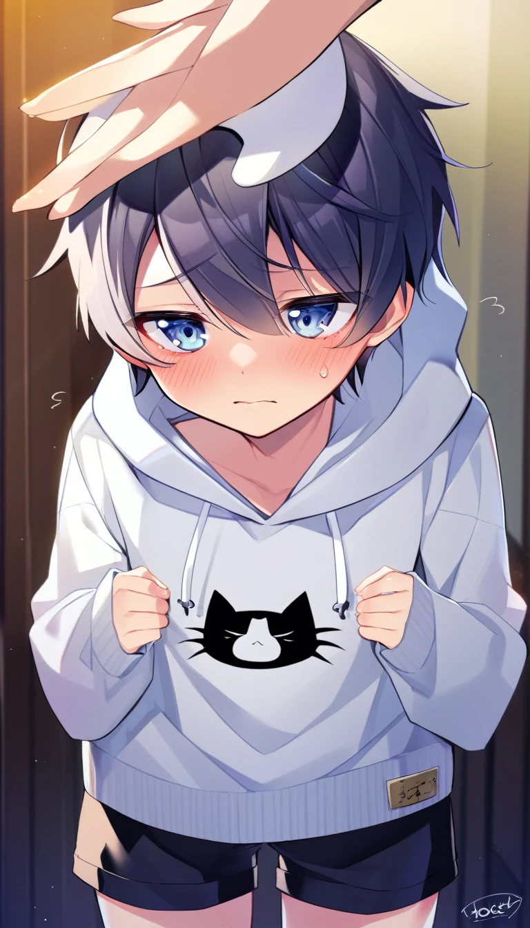 oe boy, cat hoodie, cute, cool, lovely, naive, short pants, look at me, handsome, shota, light blue eyes, cowboy shota, blush, shy, embarrassed, stare at me, androgynous