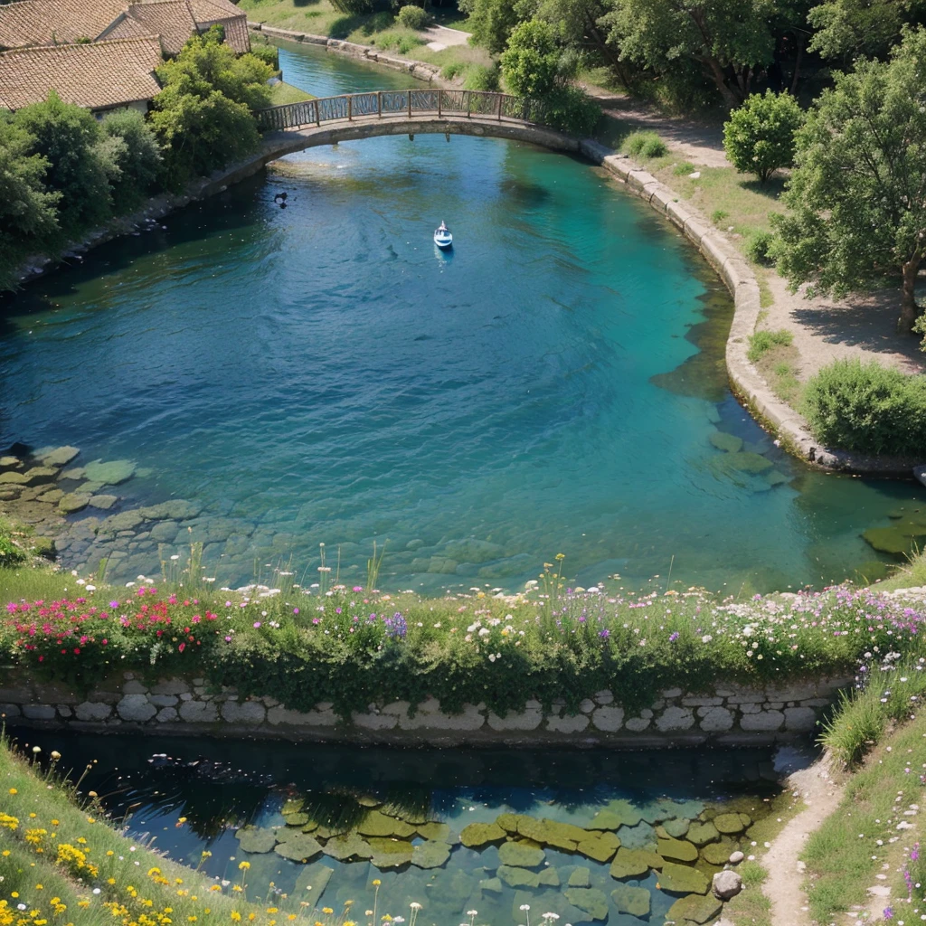 Significant blue sky over of Horizontal view of the  small river under the village, some flowers around