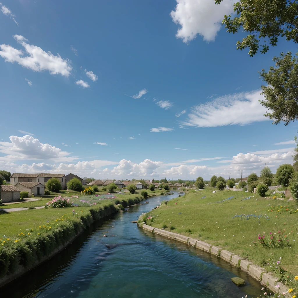 Significant blue sky over of Horizontal view of the small river under the village, some flowers around