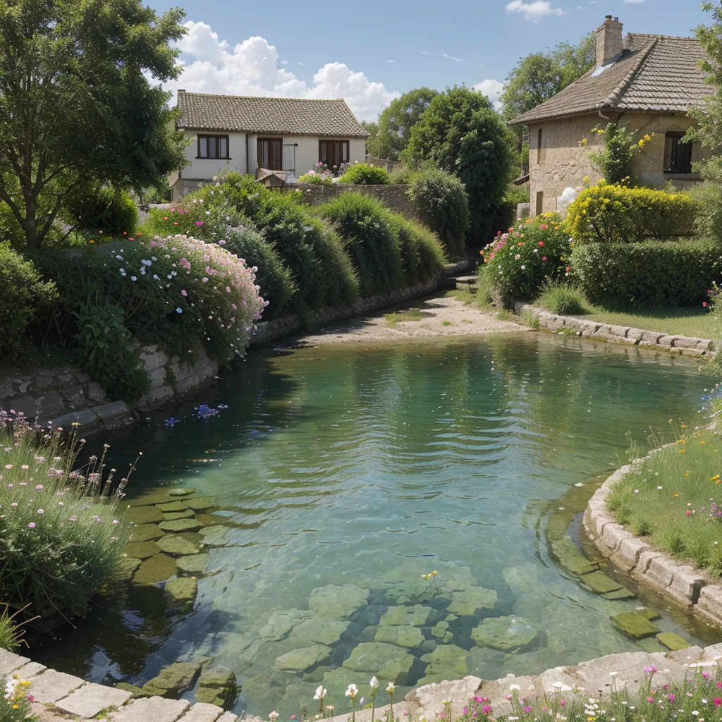 Significant blue sky over of Horizontal view of the small river under the village, some flowers around