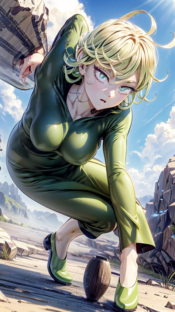 a beautiful anime girl with striking green eyes and short green hair, wearing a cute and colorful kids outfit, a detailed and accurate portrait of the character tatsumaki from one punch man, (best quality,4k,8k,highres,masterpiece:1.2),ultra-detailed,(realistic,photorealistic,photo-realistic:1.37),extremely detailed facial features, beautiful eyes, perfect skin, intricate hair, cute outfit, dynamic pose, outdoor background, sunlight lighting, vibrant colors, highly detailed, anime style, digital painting