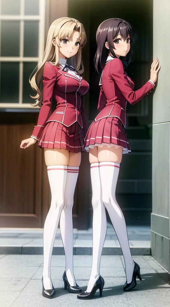 Masterpiece, high quality, 2girls, duo, identical twins, identical sisters, brown hair, curly hair, matching hairstyles, hazel eyes, medium sized bust, (school uniform, sexy school uniform, blazer, lace section, ribbon, rainbow short skirt, white thigh-high socks, black high heels, matching outfits), smile, flat_Farbe, full body, seductive pose, Duo pose bends over to look at a beautiful woman from the side