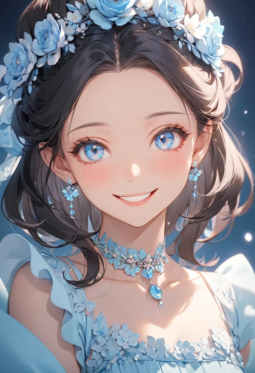 ( best quality:1.2), 1 Girl only,Solitary,forehead, Skin details, Beautiful facial features, ((fluffy dark hair)),Exquisite makeup, Exquisite eyes, Eye details, she is 20 years old,wearing a beautiful dress, choker ,(((big smiling))),((pastel-blue theme)),happy,kindness,soft focus,white soft lighting