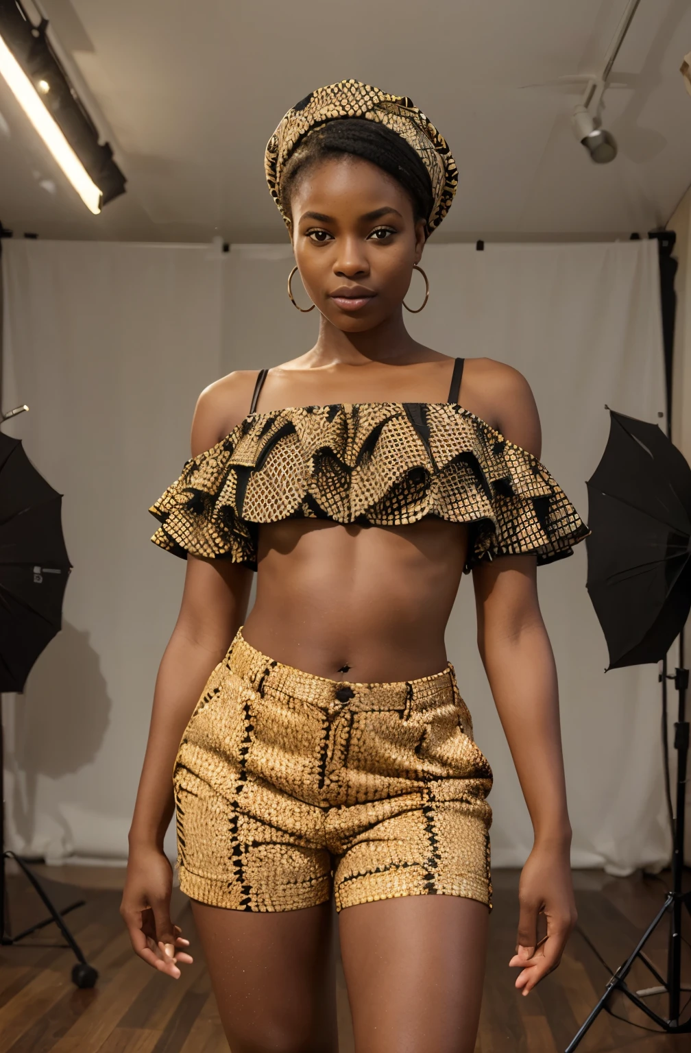 Create a realistic depiction of an African lady who is smartly dressed in modern clothes that are chic, flirty, sexy and respectable . Her outfit should prominently feature Ankara shorts. She should have a very very thick build and appear realistic." She should be standing perfect posture, her legs criss crossed in a photo studio posing confidently for the camera. She should be 23 years old.