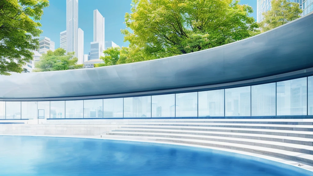 there is a large building with a curved roof and a pool, tokyo futuristic and clean, mall background, city street view background, detailed scenery —width 672, town center background, architecture in the background, modern city background, tokyo futuristic in background, tokio futuristic in background, tokyo street background, beautiful wallpaper, universal background, interesting background, clean background