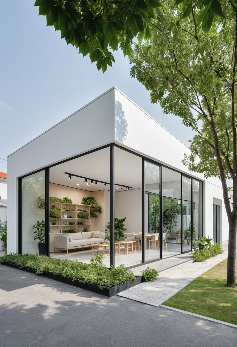 A modern one-story house with a small furniture showroom, with a facade less than 5 meters wide. The design includes large glass windows and doors, vertical display shelves, large mirrors, and well-placed lighting inside the showroom. The exterior features white and pastel tones with integrated green plants. The house is located on a street corner with a sidewalk and trees, providing a welcoming atmosphere. The showroom layout is organized for easy movement and optimal product visibility