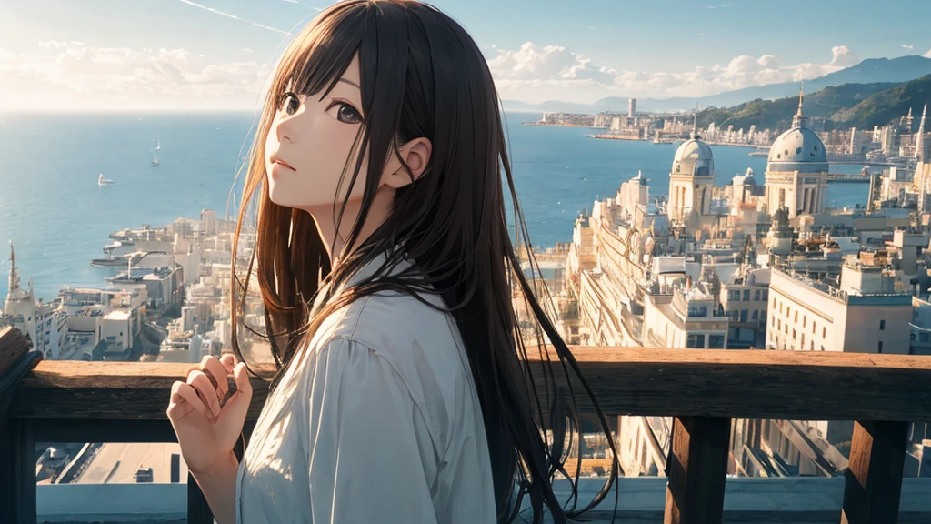 Shiraishi Mei, Looks exactly like Shiraishi Mei,Oceanの方を向いている後ろ姿、Woman looking up at the sky ,Long Hair,  Dark brown hair, 2 girls, 18-year-old, photograph, Realistic, Highest quality, Detailed face, Strong sunlight, Ocean, Embankment, Detailed Background, Diffused sunlight, Written boundary depth, Bokeh (Highest quality: 1.2), (masterpiece: 1.2), Watch Viewer, one piece, White Theme, ,Vision、(((Panorama:1.2)))