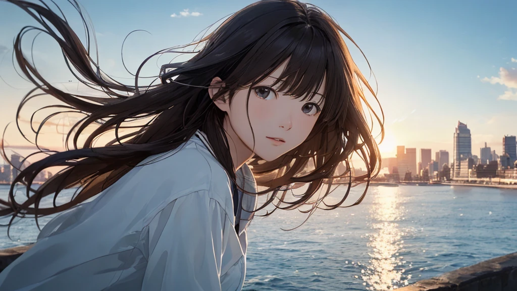 Shiraishi Mei, Looks exactly like Shiraishi Mei,Oceanの方を向いている後ろ姿、Woman looking up at the sky ,Long Hair, Dark brown hair, 2 girls, 18-year-old, photograph, Realistic, Highest quality, Detailed face, Strong sunlight, Ocean, Embankment, Detailed Background, Diffused sunlight, Written boundary depth, Bokeh (Highest quality: 1.2), (masterpiece: 1.2), Watch Viewer, one piece, White Theme, ,Vision、(((Panorama:1.2)))