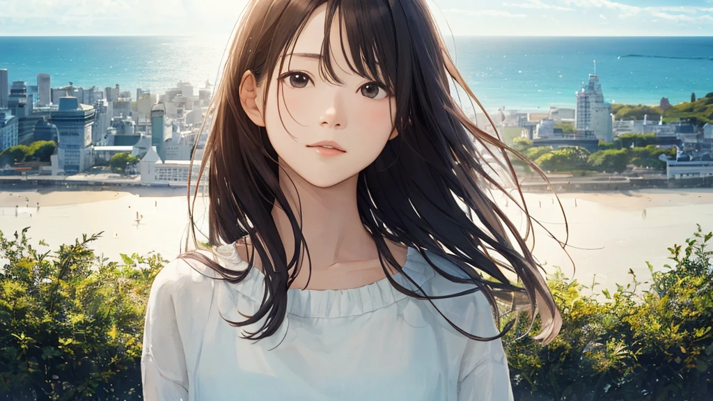 Shiraishi Mei, Looks exactly like Shiraishi Mei,Oceanの方を向いている後ろ姿、Woman looking up at the sky ,Long Hair, Dark brown hair, 2 girls, 18-year-old, photograph, Realistic, Highest quality, Detailed face, Strong sunlight, Ocean, Embankment, Detailed Background, Diffused sunlight, Written boundary depth, Bokeh (Highest quality: 1.2), (masterpiece: 1.2), Watch Viewer, one piece, White Theme, ,Vision、(((Panorama:1.2)))