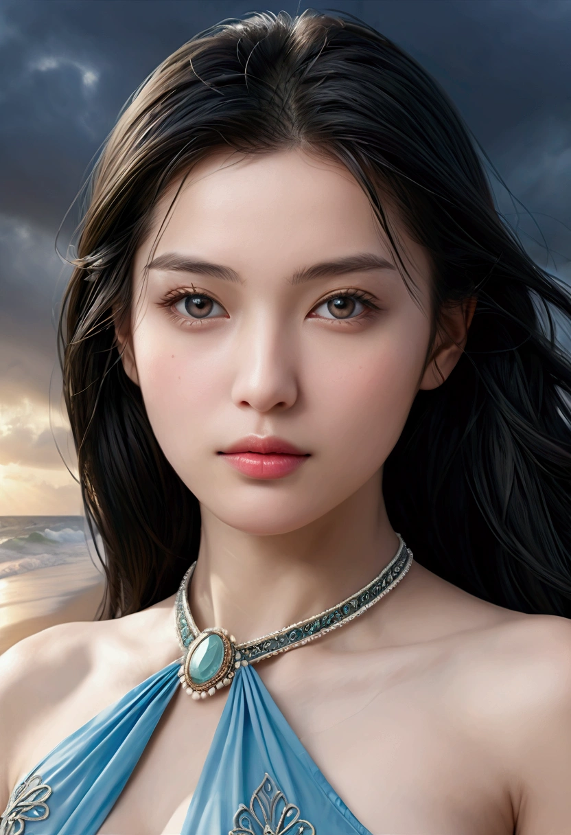 ((Masterpieces with up to 16K resolution:1.6)),Highest quality,it is really amazing,Very detailed,Ultra-high resolution,(Real:1.5),(Realistic:1.5),Increased depth of field,Cinematic Light,
Elegant mature woman,
Long black hair,(Exquisitely detailed face:1.5),Face with a gentle expression,Translucent white skin,Very sensitive skin,Great proportions,Anatomically correct body,
Sexy bikini swimwear,Artistic design,Beautiful and detailed pattern,Detailed fabric texture,Gorgeous necklace,
Coastal landscape at dusk,Dark clouds and dark sky,delay々Continuing sandy beach, Deserted Beach,Dark sea surface,
(Dramatic Angle:1.6),