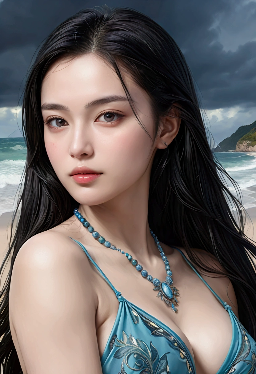 ((Masterpieces with up to 16K resolution:1.6)),Highest quality,it is really amazing,Very detailed,Ultra-high resolution,(Real:1.5),(Realistic:1.5),Increased depth of field,Cinematic Light,
Elegant mature woman,
Long black hair,(Exquisitely detailed face:1.5),Face with a gentle expression,Translucent white skin,Very sensitive skin,Great proportions,Anatomically correct body,
Sexy bikini swimwear,Artistic design,Beautiful and detailed pattern,Detailed fabric texture,Gorgeous necklace,
Coastal landscape at dusk,Dark clouds and dark sky,delay々Continuing sandy beach, Deserted Beach,Dark sea surface,
(Dramatic Angle:1.6),