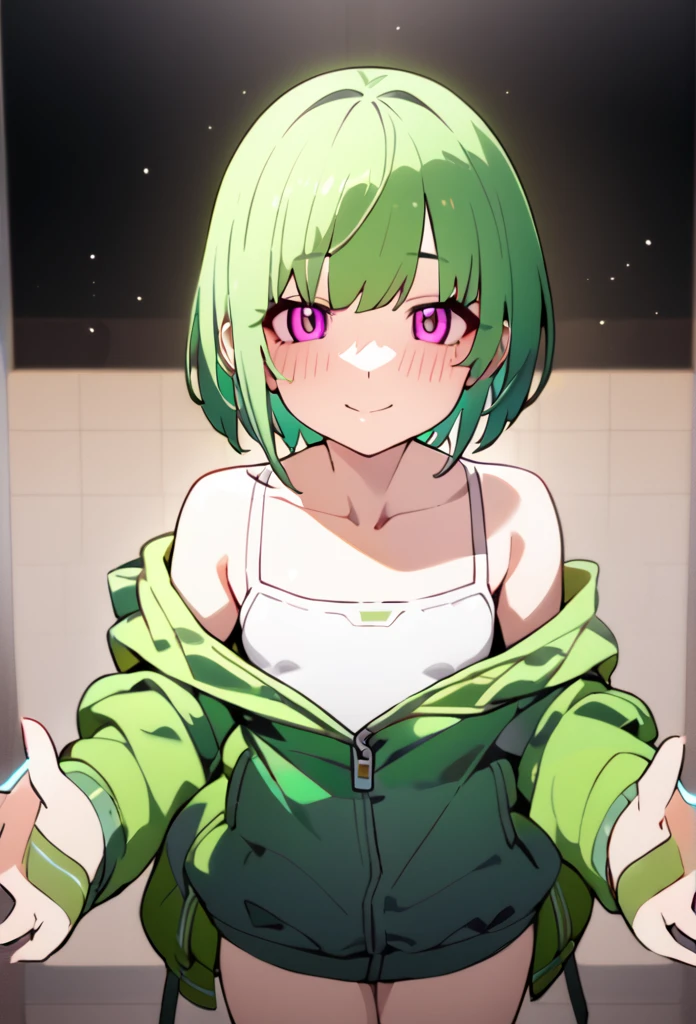 pink eyes, Alone, Masterpiece, Best Quality, 1 age girl, Jacket, Light clothing, square fringe, short hair,(([green fur | ((green fur pastel))])), excite face smile, off the shoulder, small breasts, ((Asymmetrical side locks)), simple art, extending his hand to the viewer
