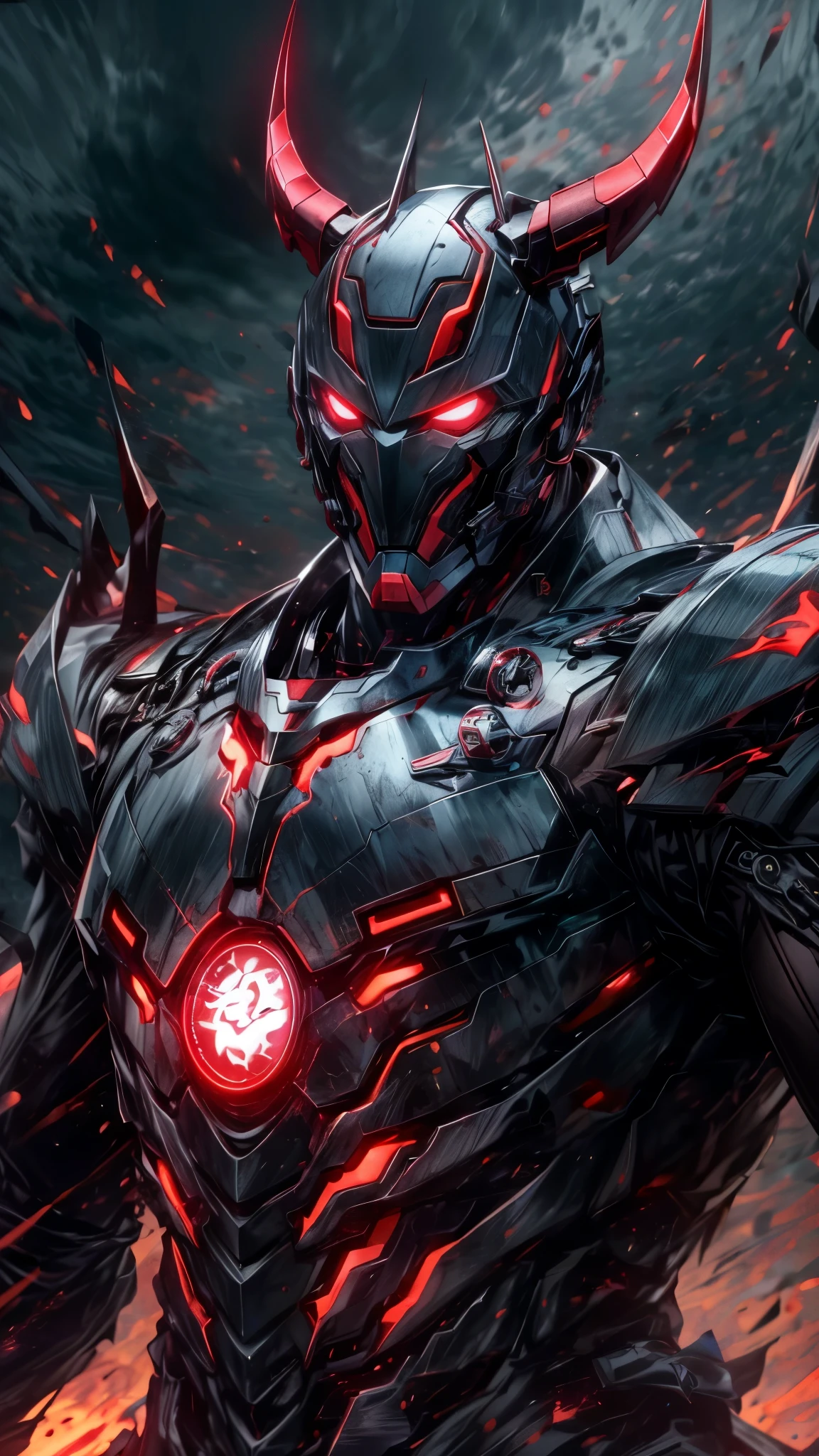 a powerful demon-possessed iron man, demonic cybernetic armor, horns, glowing red eyes, (best quality,4k,8k,highres,masterpiece:1.2),ultra-detailed,(realistic,photorealistic,photo-realistic:1.37),dynamic composition, vivid demonic colors, dark moody sky background, extremely detailed powerful character, action pose, intimidating presence