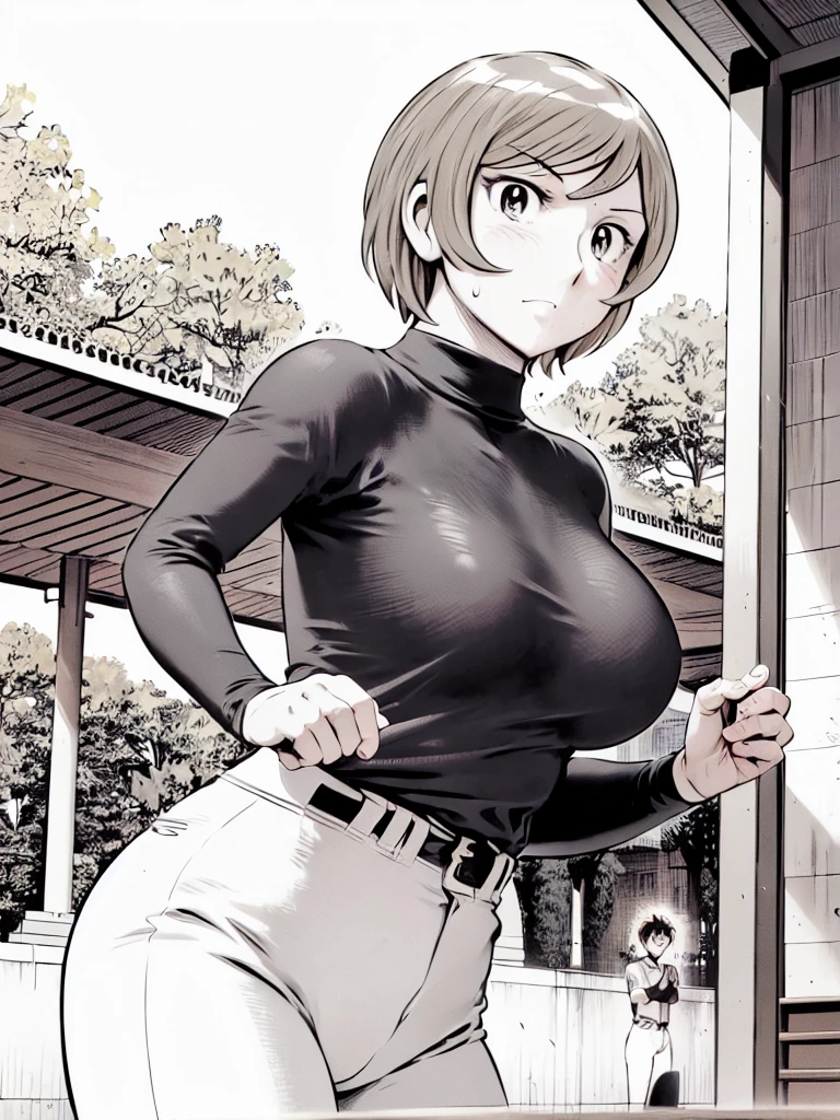 (野球uniform:1.2),
blonde, (short hair:1.2),Long sleeve, Black Shirt, turtleneck,White trousers、uniform、Black belt、((Illustration of people))、big 、Covered in mud、Soil stains、ドロドロのuniform、
View your viewers,, (Highest quality:1.3),One Girl, White pants、uniform、Outdoor、baseball ground、ground、soil、blue eyes、Tight black shirt、(masterpiece、Highest quality)、Highest quality, Ultra-high resolution, (((masterpiece))), alone, Sweat、big eyes、big Breasts、Torn clothes、 Fully exposed、Nipples、One Girl, Front view、Embarrassed face、Bronze colored hair、((short hair))、Stand up straight、Cowboy Shot