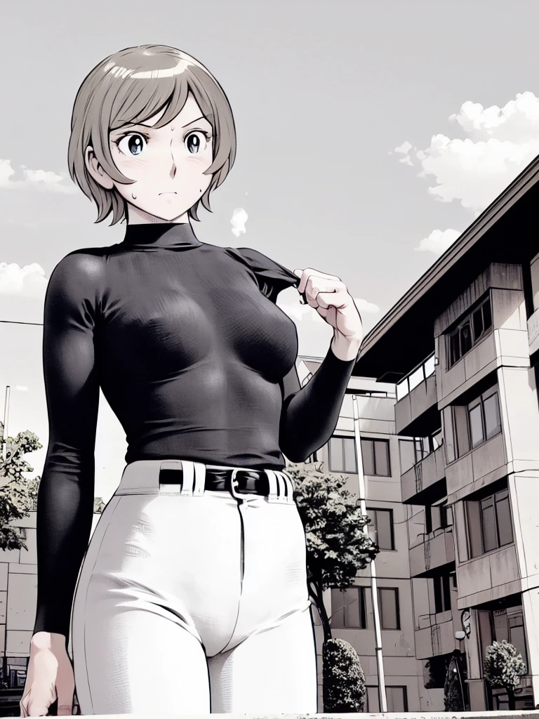 (野球uniform:1.2),
blonde, (short hair:1.2),Long sleeve, Black Shirt, turtleneck,White trousers、uniform、Black belt、((Illustration of people))、big 、Covered in mud、Soil stains、ドロドロのuniform、
View your viewers,, (Highest quality:1.3),One Girl, White pants、uniform、Outdoor、baseball ground、ground、soil、blue eyes、Tight black shirt、(masterpiece、Highest quality)、Highest quality, Ultra-high resolution, (((masterpiece))), alone, Sweat、big eyes、big Breasts、Torn clothes、 Fully exposed、Nipples、One Girl, Front view、Embarrassed face、Bronze colored hair、((short hair))、Stand up straight、Cowboy Shot
