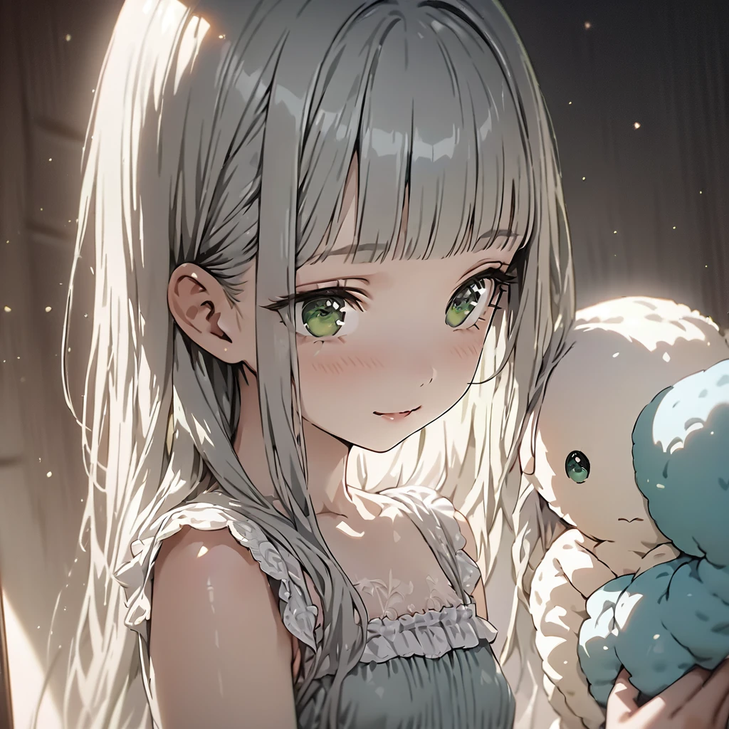 masterpiece, ultra detailed, 8K, (Cute a girl:1.5),
(masterpiece:1.3), anime visual,pale puple long hair,blunt bangs hair,green eyes, (Lovey-dovey:1.5), (tilt head:1.3), extremely delicate face, soft clean focus, realistic lighting and shading, (an extremely delicate and beautiful art:1.3), elegant, (muted colors:1.1), small breast,slim,Pink ribbed frill trim pajamas, a bed, a night light, a kind smile,