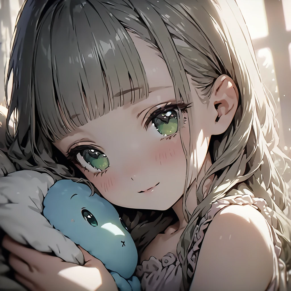 masterpiece, ultra detailed, 8K, (Cute a girl:1.5),
(masterpiece:1.3), anime visual,pale puple long hair,blunt bangs hair,green eyes, (Lovey-dovey:1.5), (tilt head:1.3), extremely delicate face, soft clean focus, realistic lighting and shading, (an extremely delicate and beautiful art:1.3), elegant, (muted colors:1.1), small breast,slim,Pink ribbed frill trim pajamas, a bed, a night light, a kind smile,