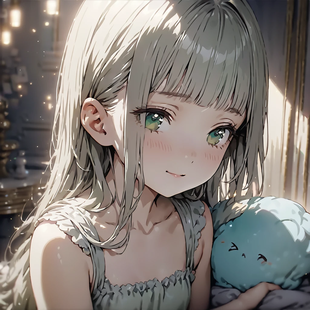 masterpiece, ultra detailed, 8K, (Cute a girl:1.5),
(masterpiece:1.3), anime visual,pale puple long hair,blunt bangs hair,green eyes, (Lovey-dovey:1.5), (tilt head:1.3), extremely delicate face, soft clean focus, realistic lighting and shading, (an extremely delicate and beautiful art:1.3), elegant, (muted colors:1.1), small breast,slim,Pink ribbed frill trim pajamas, a bed, a night light, a kind smile,