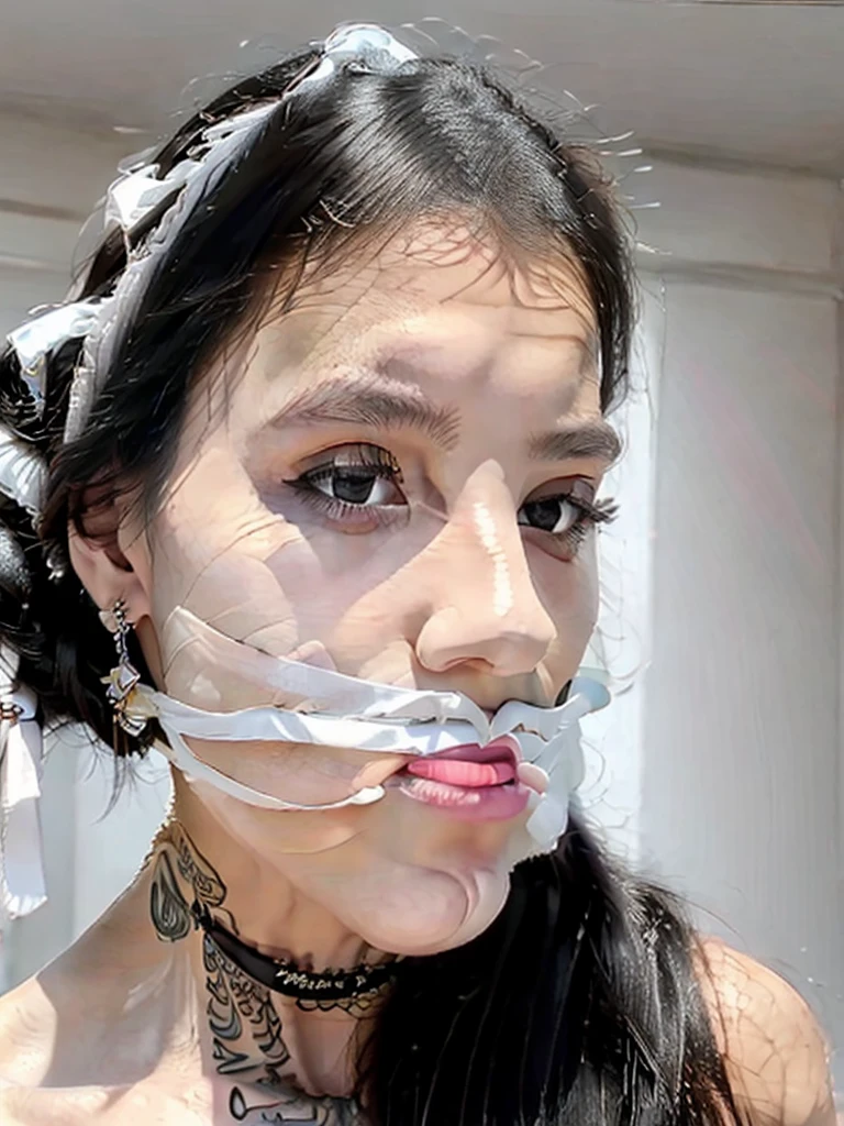 solo, jewelry, realistic, black_hair, ring, 1girl, bound, gagged, tape, improvised_gag, veil, gag, bound_wrists, bracelet, bandages, tape_gag, long_hair, looking_at_viewer, earrings, bondage, black_eyes, tattoo, upper_body, tears