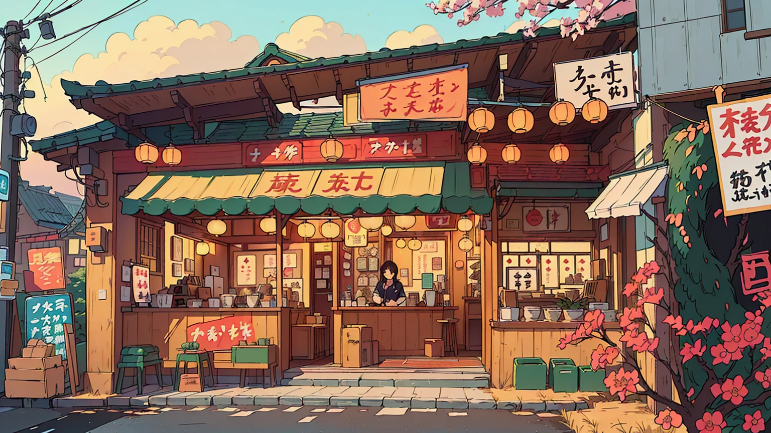Anime style illustration of a small Japanese restaurant，There is a sign on iays &quot;Live a Wonderful Life&quot;, Anime Background art, High-detail storage, Cozy cafe background, Detailed scenery —width 672, commend artstyle, commend, Anime Background, Makoto Shinkai&#39;s style, in Makoto Shinkai&#39;s style, Convenience store, mysterious coffee shop girl, author：Yang J