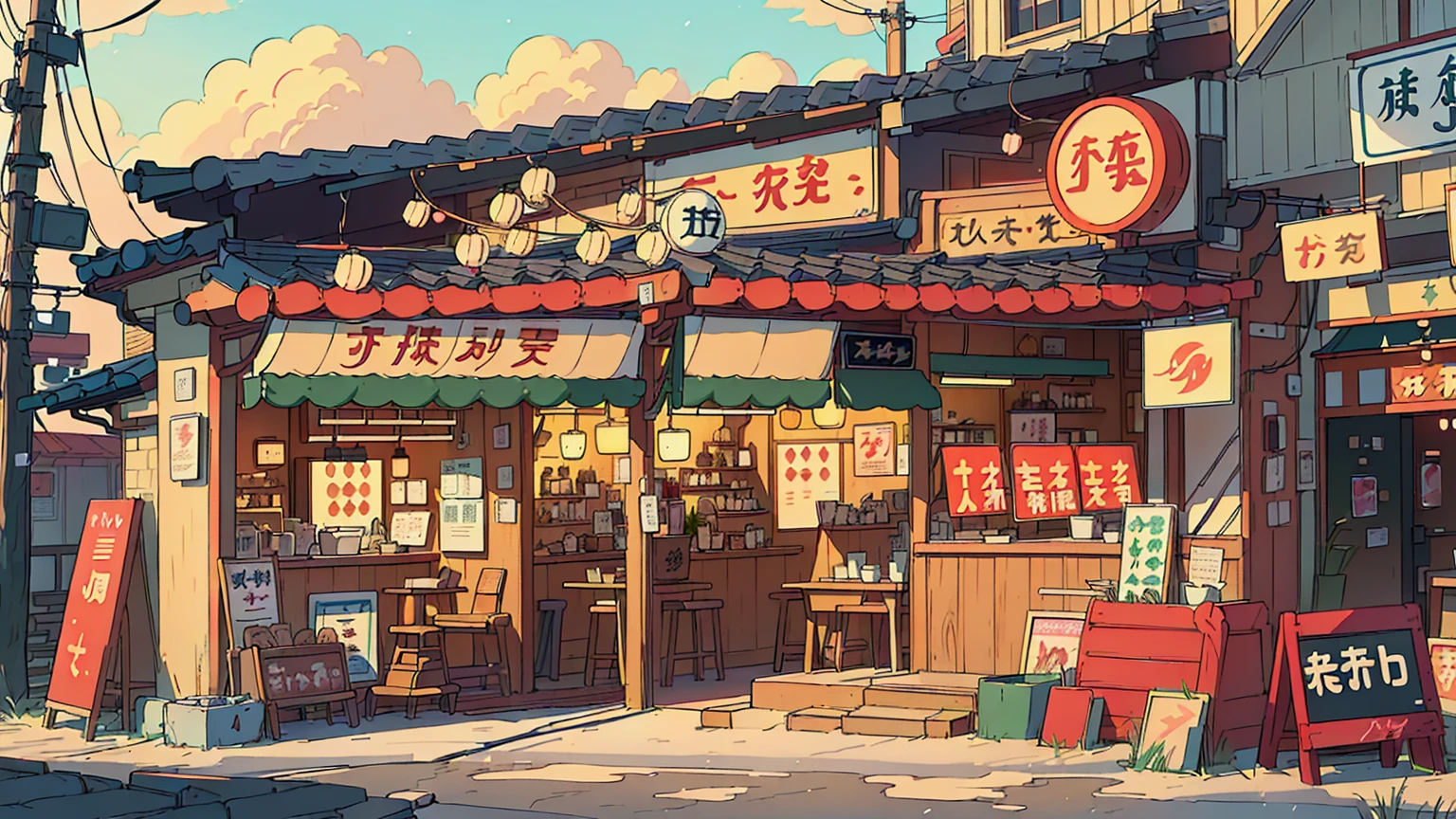 Anime style illustration of a small Japanese restaurant,There is a sign on iays "Live a Wonderful Life", Anime Background art, High-detail storage, Cozy cafe background, Detailed scenery —width 672, commend artstyle, commend, Anime Background, Makoto Shinkai's style, in Makoto Shinkai's style, Convenience store, mysterious coffee shop girl, author:Yang J
