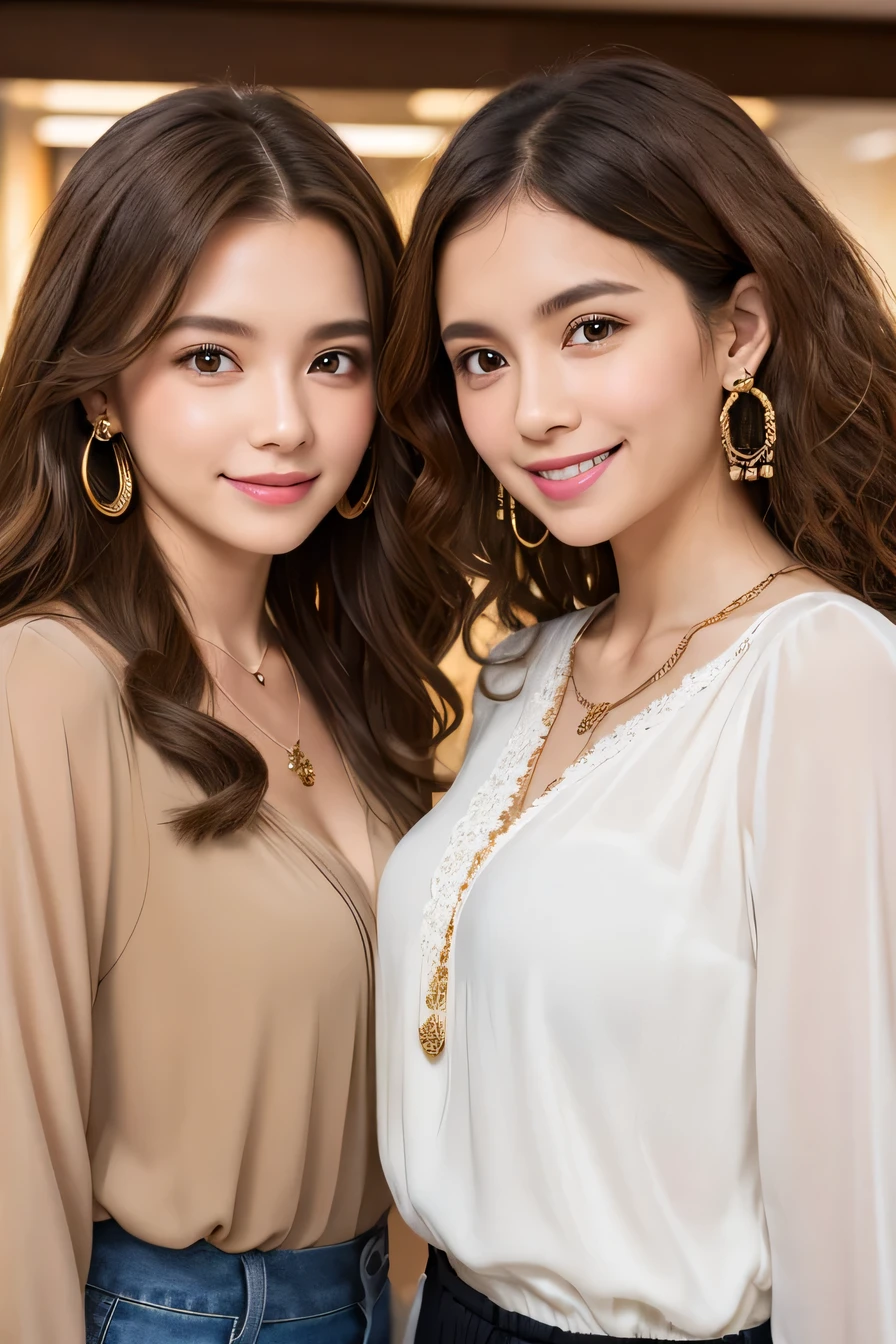 Two young women standing side by side、Light brown hair、、Curly Hair、ear piercing、Necklace around the neck、blouse、Closed Mouth Smile、Intricate details, Very detailed:1.2), 、 Looking into the camera,The background is the office