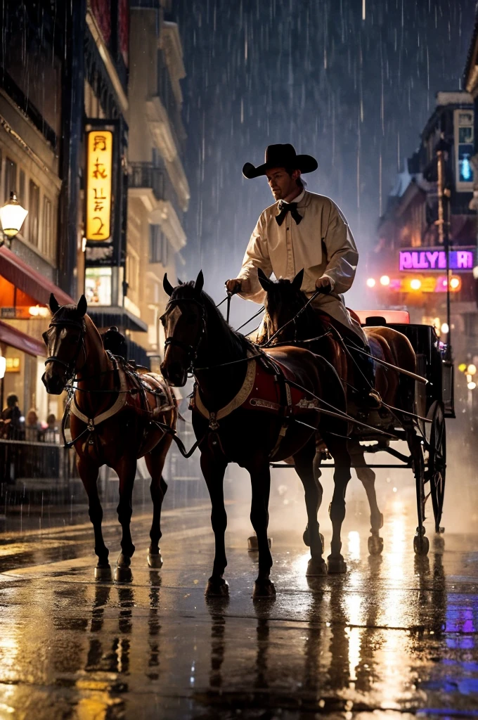 Westerner pulling a carriage in the rain
