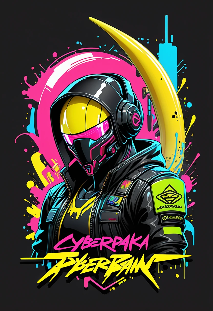 Create a sticker illustration of a cyberbanana inspired by the video game Cyberpunk 2077 with a 2D graffiti effect. The sticker should have no background, with only the cyberbanana shape and a prominent white outline around the edges. The peel of the cyberbanana should not be yellow but instead be replaced by the following Cyberpunk 2077 elements, all depicted in a graffiti style:
- A deep matte black base for the peel, symbolizing the dark streets of Night City.
- Blue neon circuit lines running across the cyberbanana's surface, resembling cybernetic implants, with a spray-paint texture.
- The "Samurai" logo near the tip of the cyberbanana , designed in a graffiti font and style.
- Stickers of in-game brands like Arasaka and Militech, and gang symbols like "The Moxes", all depicted with a street art aesthetic.
- Modernized tribal tattoo motifs and hacking icons in red and green neon, rendered with a graffiti effect.
- Sections with light effects mimicking the neon lights of Night City, with a pulsating spray-paint effect around the circuits.
- A small, metallic chrome-plated label near the base with the inscription "Cyber Choice" in a graffiti font.
Ensure the design is vibrant, edgy, and high-tech, with the stylized interior capturing the futuristic and dystopian ambiance of Cyberpunk 2077, all within the iconic shape of a cyberbanana .