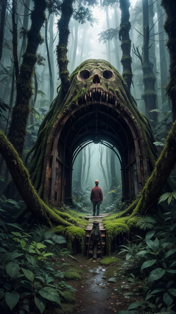 Photo of a portal in shape of a giant moss covered skull of monster in the dark forrest, rusted airplane, warner brothers film style, mystic, psychodelic atmosphere, 35mm