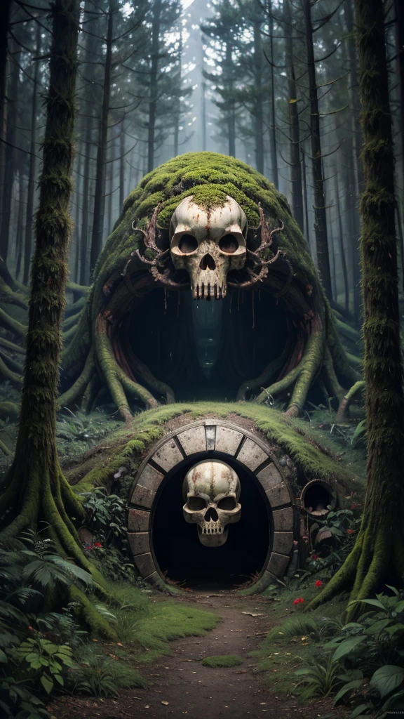 Photo of a portal in shape of a giant moss covered skull of monster in the dark forrest, rusted airplane, warner brothers film style, mystic, psychodelic atmosphere, 35mm