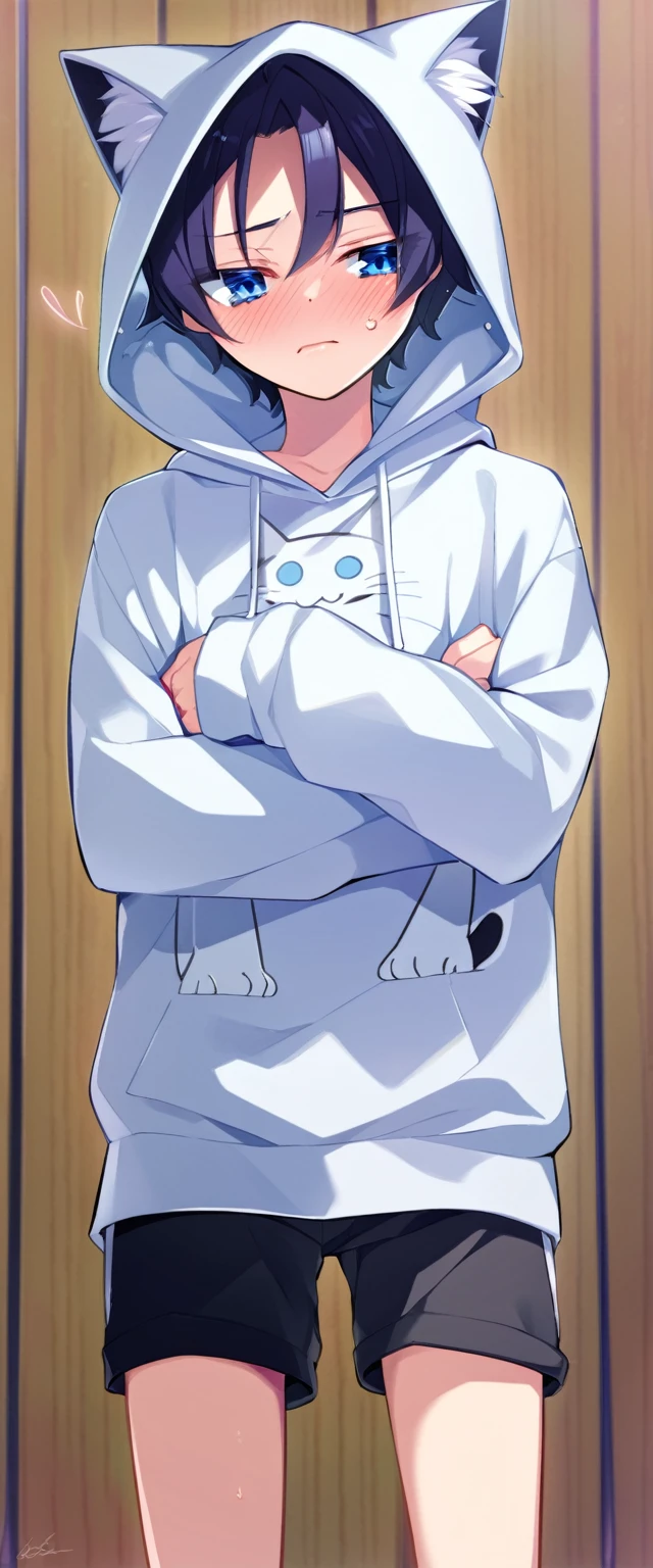 oe boy, cat hoodie, cute, cool, lovely, naive, short pants, look at me, handsome, shota, light blue eyes, cowboy shota, blush, shy, embarrassed, stare at me, androgynous