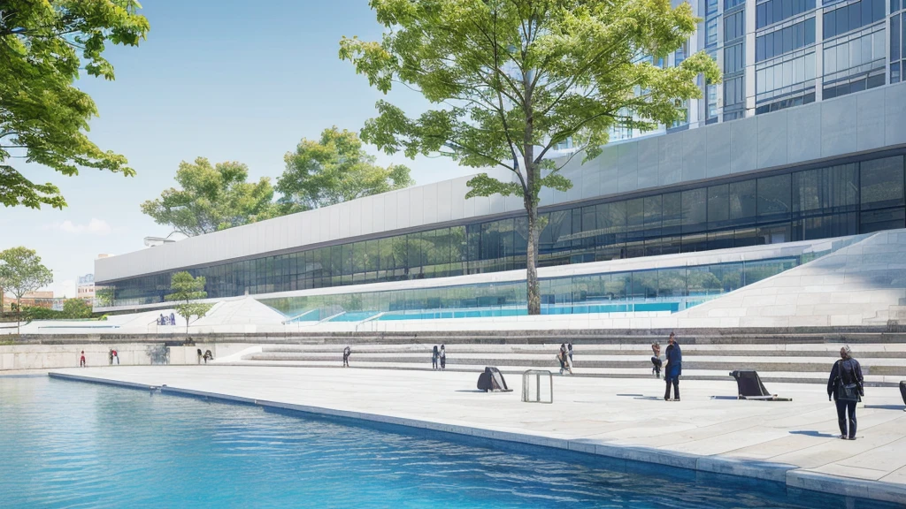 there is a large building with a curved roof and a pool, tokyo futuristic and clean, mall background, city street view background, detailed scenery —width 672, town center background, architecture in the background, modern city background, tokyo futuristic in background, tokio futuristic in background, tokyo street background, beautiful wallpaper, universal background, interesting background, clean background