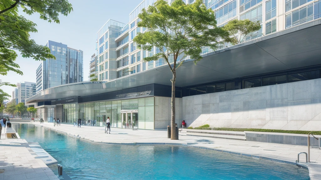 there is a large building with a curved roof and a pool, tokyo futuristic and clean, mall background, city street view background, detailed scenery —width 672, town center background, architecture in the background, modern city background, tokyo futuristic in background, tokio futuristic in background, tokyo street background, beautiful wallpaper, universal background, interesting background, clean background