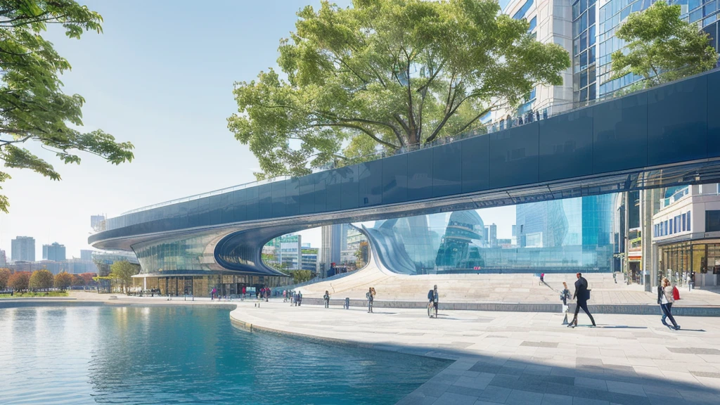 there is a large building with a curved roof and a pool, tokyo futuristic and clean, mall background, city street view background, detailed scenery —width 672, town center background, architecture in the background, modern city background, tokyo futuristic in background, tokio futuristic in background, tokyo street background, beautiful wallpaper, universal background, interesting background, clean background